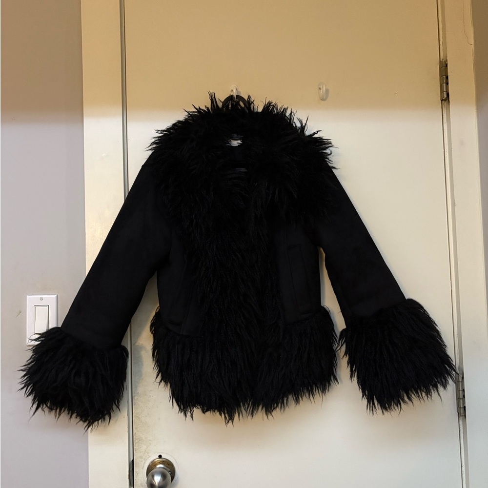 Kids Black Faux Fur Trim Jacket
